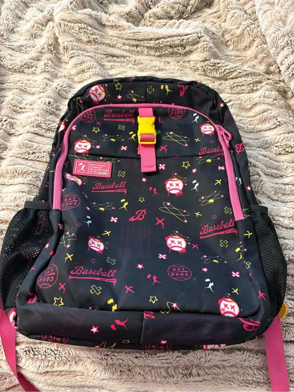 Baseballism bat bros Patterned Black and Pink Backpack with Yellow Accent